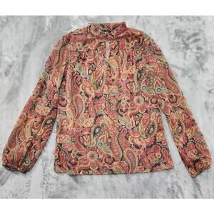 Vintage Russ Button Neck Balloon Sleeve Sheer Top Size S Paisley Floral Glitter